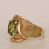 Vintage 1970s-1980s 18K Yellow Gold Peridot and Diamond Mesh Cocktail Ring, Size US 8.5