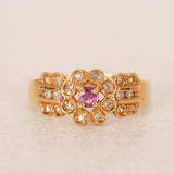 Vintage 1980s-1990s 18K Yellow Gold Ruby and Diamond Regal Halo Ring, Size US 6