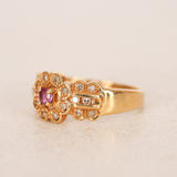 Vintage 1980s-1990s 18K Yellow Gold Ruby and Diamond Regal Halo Ring, Size US 6