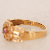 Vintage 1980s-1990s 18K Yellow Gold Ruby and Diamond Regal Halo Ring, Size US 6