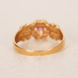 Vintage 1980s-1990s 18K Yellow Gold Ruby and Diamond Regal Halo Ring, Size US 6
