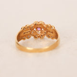 Vintage 1980s-1990s 18K Yellow Gold Ruby and Diamond Regal Halo Ring, Size US 6