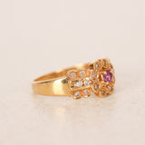 Vintage 1980s-1990s 18K Yellow Gold Ruby and Diamond Regal Halo Ring, Size US 6