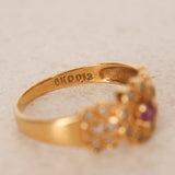 Vintage 1980s-1990s 18K Yellow Gold Ruby and Diamond Regal Halo Ring, Size US 6