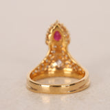 Rare Vintage 1990s 18K Yellow Gold and Pear Ruby Diamond Taper Ring