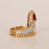 Rare Vintage 1990s 18K Yellow Gold and Pear Ruby Diamond Taper Ring