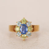 18K Yellow Gold Sapphire Peridot & Aquamarine Halo Ring, Size US 5.25