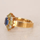 18K Yellow Gold Sapphire Peridot & Aquamarine Halo Ring, Size US 5.25