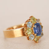 18K Yellow Gold Sapphire Peridot & Aquamarine Halo Ring, Size US 5.25