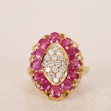 Vintage 1980s-1990s 18K Yellow Gold Ruby and Diamond Cluster Ring, Size US 3.75