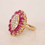 Vintage 1980s-1990s 18K Yellow Gold Ruby and Diamond Cluster Ring, Size US 3.75