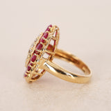 Vintage 1980s-1990s 18K Yellow Gold Ruby and Diamond Cluster Ring, Size US 3.75