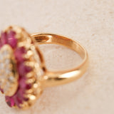Vintage 1980s-1990s 18K Yellow Gold Ruby and Diamond Cluster Ring, Size US 3.75