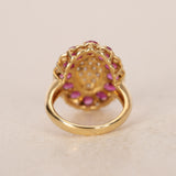 Vintage 1980s-1990s 18K Yellow Gold Ruby and Diamond Cluster Ring, Size US 3.75
