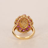 Vintage 1980s-1990s 18K Yellow Gold Ruby and Diamond Cluster Ring, Size US 3.75