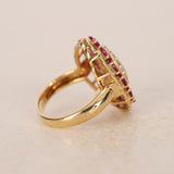 Vintage 1980s-1990s 18K Yellow Gold Ruby and Diamond Cluster Ring, Size US 3.75