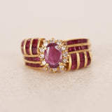 Vintage 1980s 18K Yellow Gold Ruby and Diamond Woven Motif Solitaire Ring, Size US 5