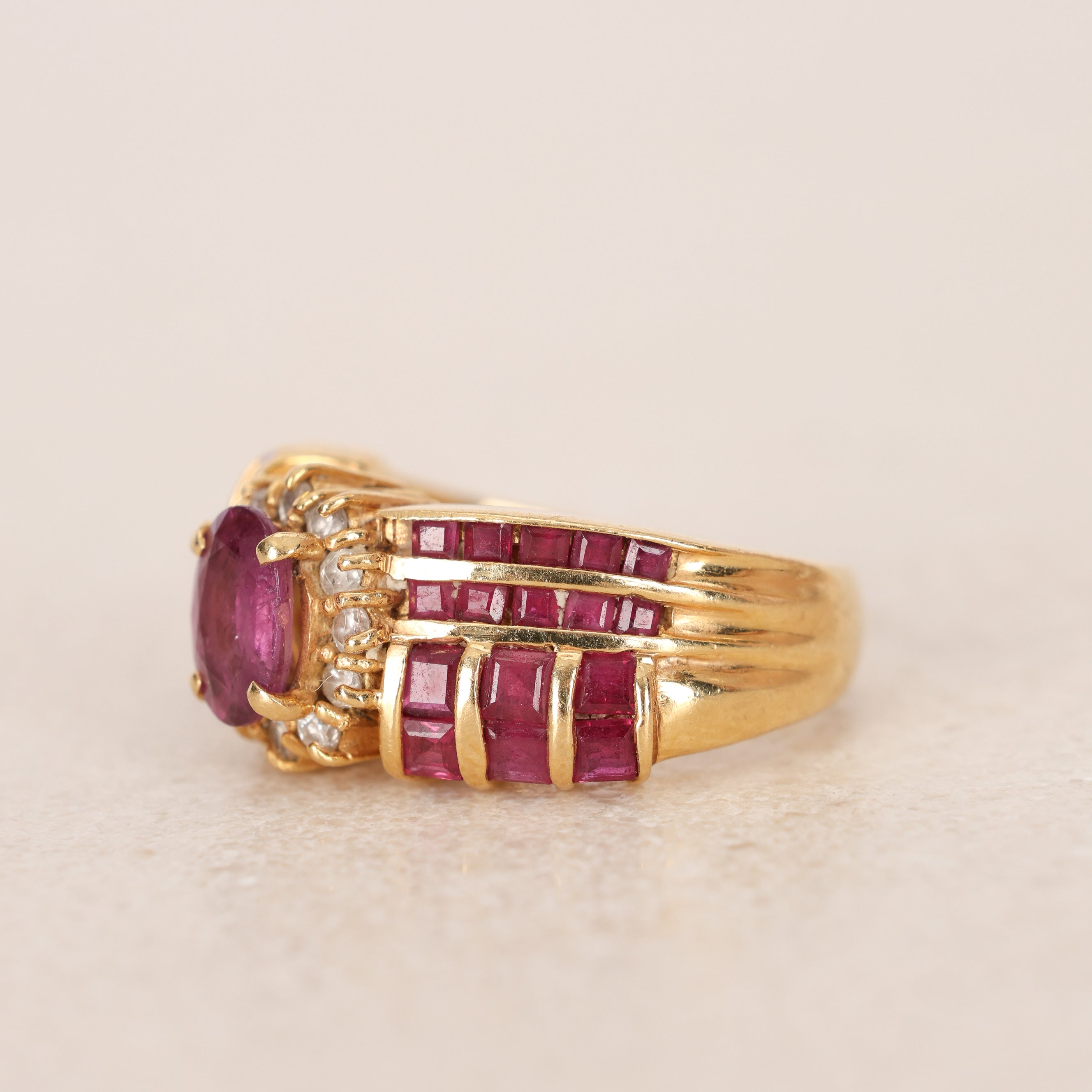 Vintage 1980s 18K Yellow Gold Ruby and Diamond Woven Motif Solitaire Ring, Size US 5