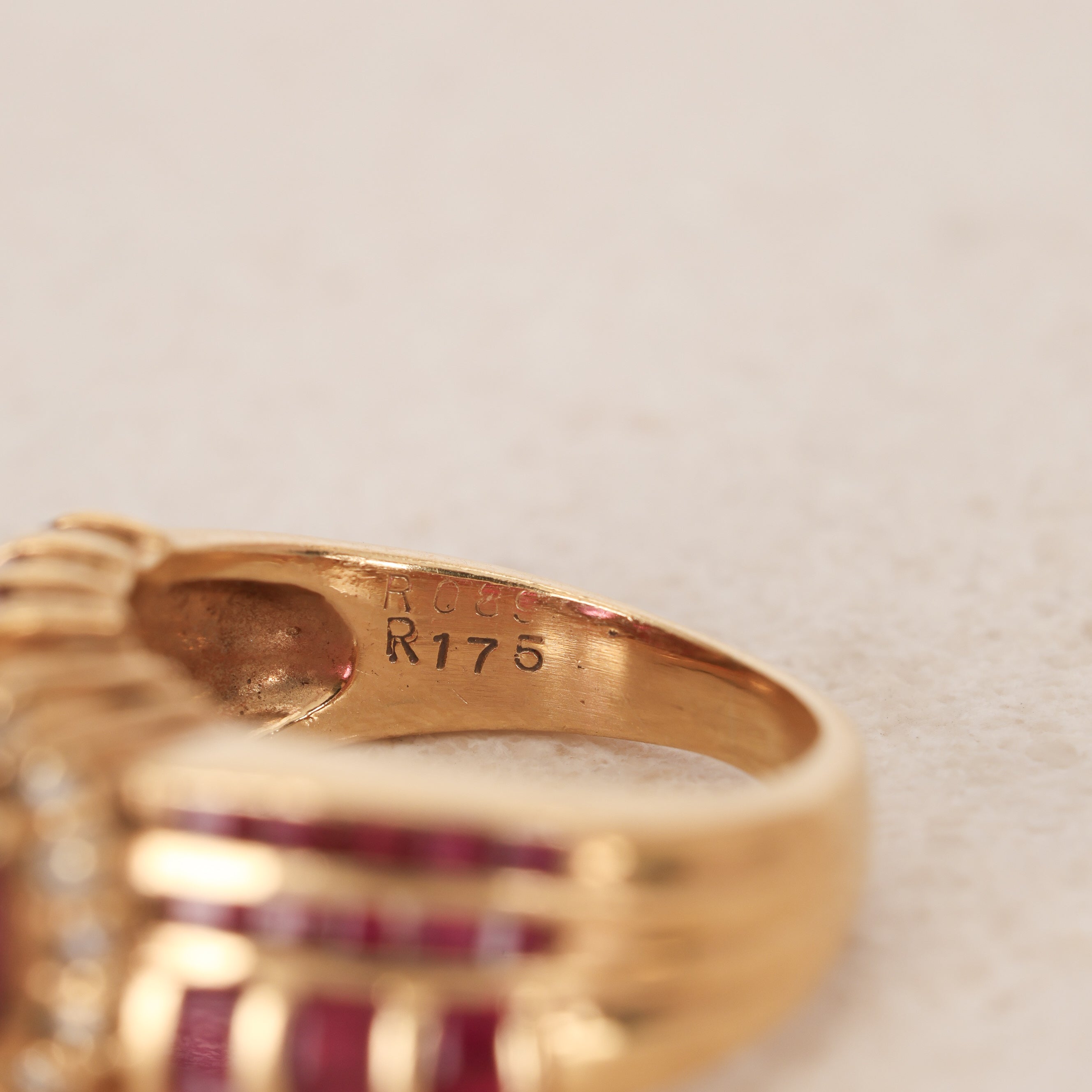 Vintage 1980s 18K Yellow Gold Ruby and Diamond Woven Motif Solitaire Ring, Size US 5