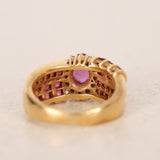 Vintage 1980s 18K Yellow Gold Ruby and Diamond Woven Motif Solitaire Ring, Size US 5
