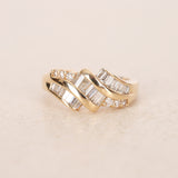 Vintage 1980s-1990s 14K Yellow Gold Brilliant and Baguette Diamond Art Deco Ring, Size US 6.75