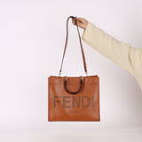 Fendi Sunshine Leather Medium Tan Tortoise Handle Tote Bag