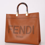 Fendi Sunshine Leather Medium Tan Tortoise Handle Tote Bag