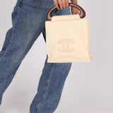 Chanel 2003 Soft Calfskin Ivory Whipstitch Wood Top Handle Mini Tote