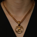 Chanel 1997 24K GP Double Turnlock Circle Pendant Necklace
