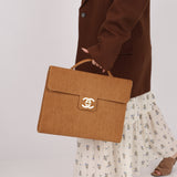 Rare Chanel 1997 Raffia XL Logo Briefcase 24K GP