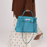 Limited Edition Hermès 2015 Turquoise Togo & Swift Ghillies Kelly 32 PHW