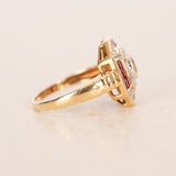 Vintage 1990s 18K Yellow Gold Ruby and Illusion Set Diamond Crest Ring, Size US 6