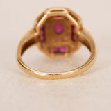 Vintage 1990s 18K Yellow Gold Ruby and Illusion Set Diamond Crest Ring, Size US 6