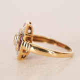 Vintage 1990s 18K Yellow Gold Ruby and Illusion Set Diamond Crest Ring, Size US 6