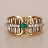 Vintage 1970s 18K Yellow Gold and Platinum Diamond and Emerald Bar Ring, Size US 6.5