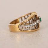 Vintage 1970s 18K Yellow Gold and Platinum Diamond and Emerald Bar Ring, Size US 6.5