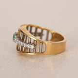 Vintage 1970s 18K Yellow Gold and Platinum Diamond and Emerald Bar Ring, Size US 6.5