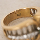Vintage 1970s 18K Yellow Gold and Platinum Diamond and Emerald Bar Ring, Size US 6.5