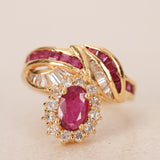 Vintage 1980s 18K Yellow Gold Diamond and Ruby Drop Ring, Size US 6