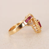 Vintage 1980s 18K Yellow Gold Diamond and Ruby Drop Ring, Size US 6
