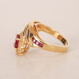Vintage 1980s 18K Yellow Gold Diamond and Ruby Drop Ring, Size US 6