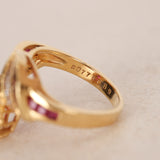 Vintage 1980s 18K Yellow Gold Diamond and Ruby Drop Ring, Size US 6