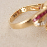 Vintage 1980s 18K Yellow Gold Diamond and Ruby Drop Ring, Size US 6