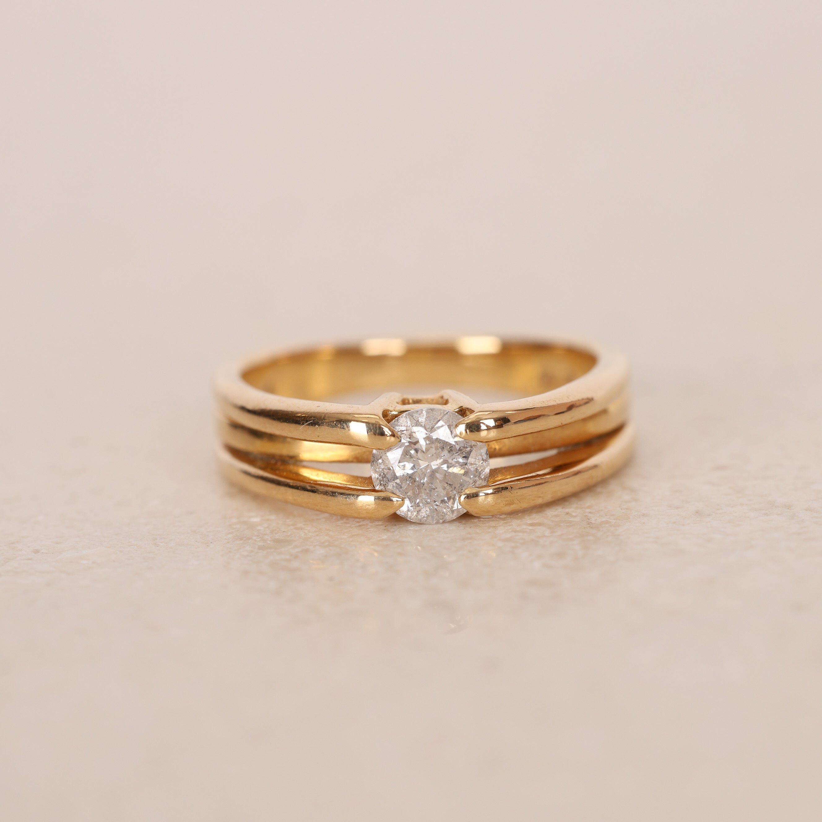 1980s 18K Yellow Gold and Diamond Art Deco Bypass Ridge Ring, Size US 5.75