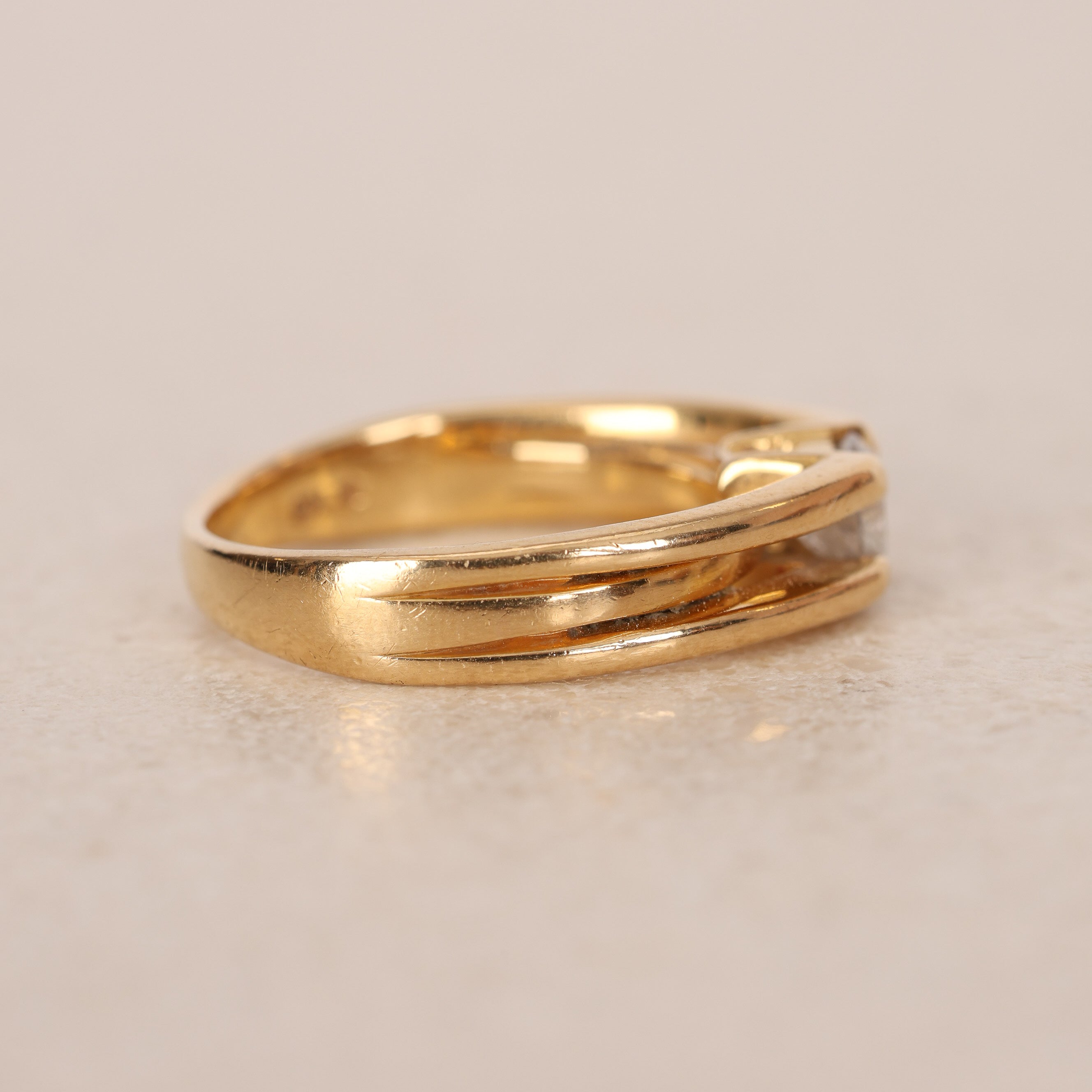 1980s 18K Yellow Gold and Diamond Art Deco Bypass Ridge Ring, Size US 5.75