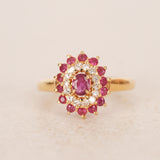 18K Yellow Gold Ruby and Diamond Flower Halo Ring, Size US 5.75