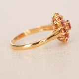 18K Yellow Gold Ruby and Diamond Flower Halo Ring, Size US 5.75