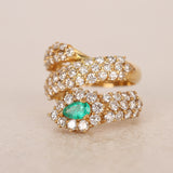 Vintage 1990s 18K Yellow Gold Emerald and Diamond Wrap Ring, Size US 7.75
