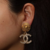 Chanel 70s Crystal CC Logo Drop Clip-On Earrings