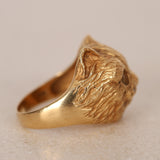 Vintage 1970s 18K Yellow Gold Cat's Eye Moonstone and Diamond Cat Motif Ring, Size US 5.5